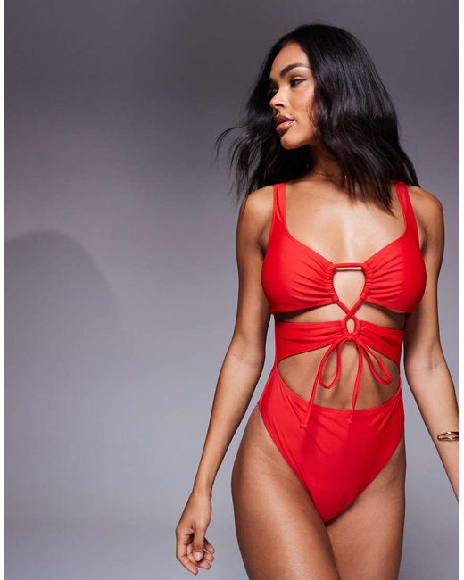 South Beach Red Essentials Cut Out Front Tie Swimsuit