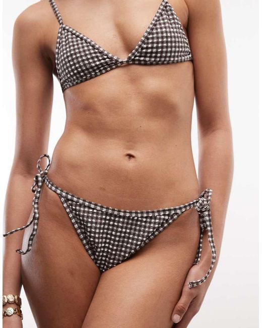 Collusion Brown Seersucker Gingham Tie Side Bikini Bottoms
