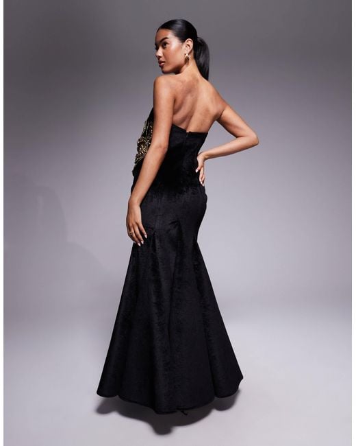 ASOS Blue Structured Velvet Godet Maxi Dress With Floral Embellishment