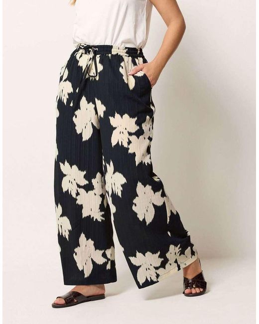 Yours Clothing Blue Floral Textured Wide Leg Trousers