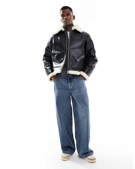 Jack & Jones Black Faux Leather Aviator Jacket for men