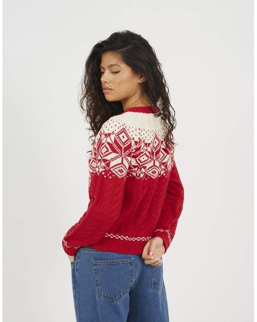 Brave Soul Red Snowflake Fairisle Christmas Cardigan