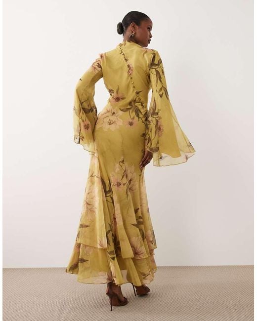 ASOS Metallic Long Sleeve High Neck Maxi Dress With Ruffle Godets And Flute Sleeves