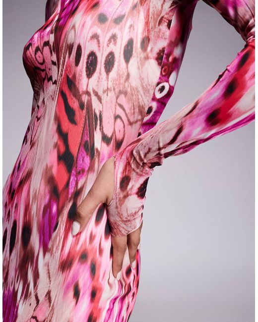 AFRM Pink – langärmliges midaxikleid aus netzstoff mit beeren-schmetterlingsprint
