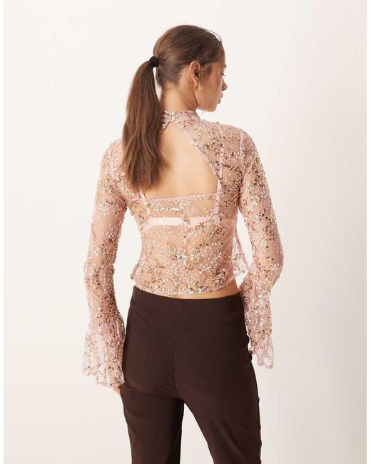 ASOS Pink Delicate Lace Scatter Sequin Flare Sleeve Top With Cutout Back Detail