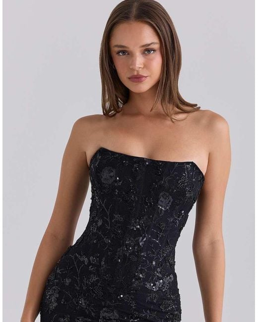 House Of Cb Blue Anisa Hand Beaded Embellished Strapless Maxi Dress