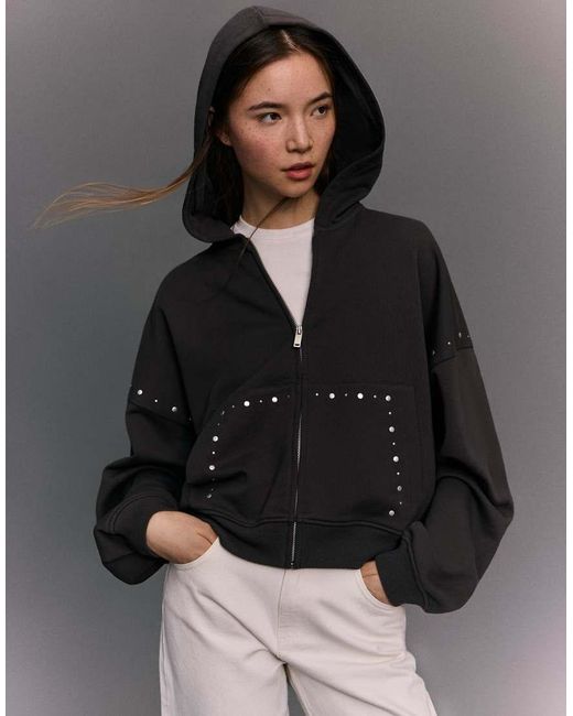 Bershka Gray Zip-Up Studded Hood Sweatshirt