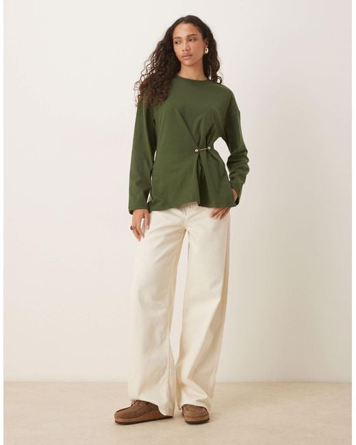 ASOS Green Oversized Long Sleeve Top With Cinched Waist Hardware Detail
