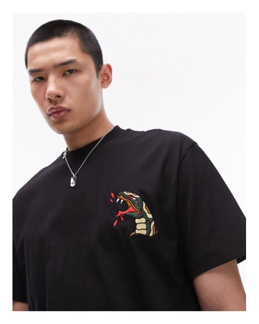 Topman Black Oversized T-shirt With Tattoo Snake Head Embroidery for men