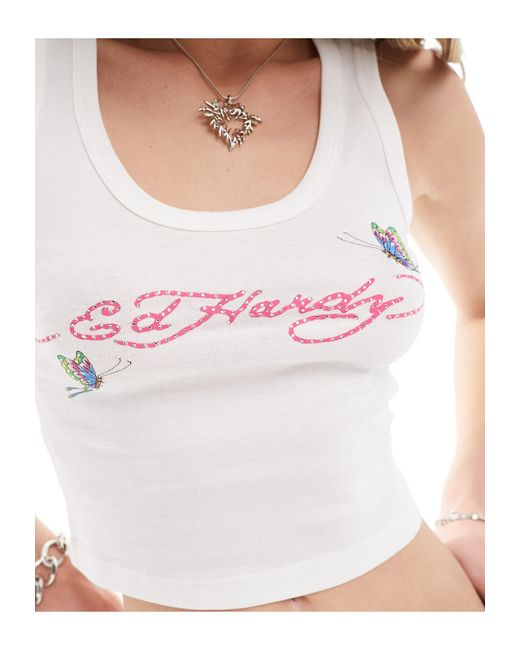 Ed Hardy White Croped Singlet With Butterfly Logo
