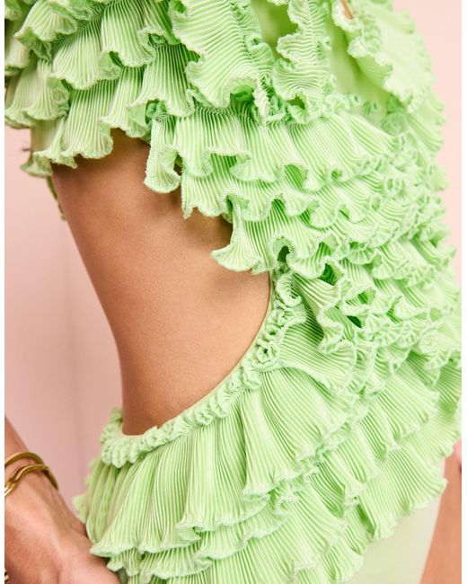 ASOS Green Ruffle Plunge Swimsuit With Cut Out Detail
