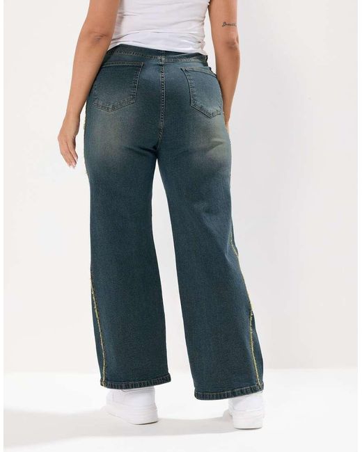 Yours Clothing Blue Washed Fray Seam Wide Leg Jeans