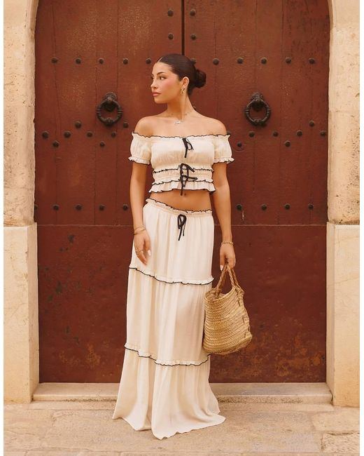 The Frolic Brown X Lydia Kara Exclusive Contrast Lettuce Edge Tiered Maxi Skirt Co-ord