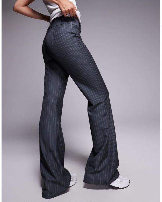 Princess Polly Blue Kinkirk Mid Rise Slim Fit Button Detail Flared Tailored Trousers
