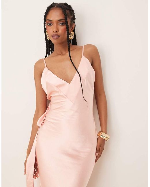 SNDY'S Natural Exclusive V-neck Satin Tie Back Detail Maxi Dress