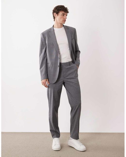 Mango Gray London Regular Fit Fine Check Print Tailored Suit Trouser Co-Ord for men