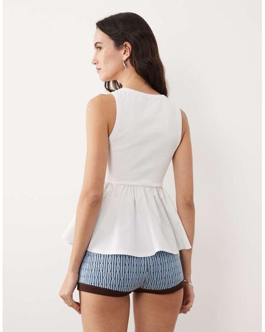 ASOS White Hybrid Ribbed V-neck Poplin Hem Top