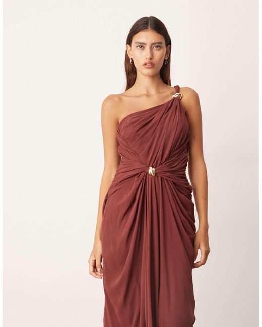 ARRANGE Pink One Shoulder Draped Twist Detail Maxi Dress With Metal Trim Detail