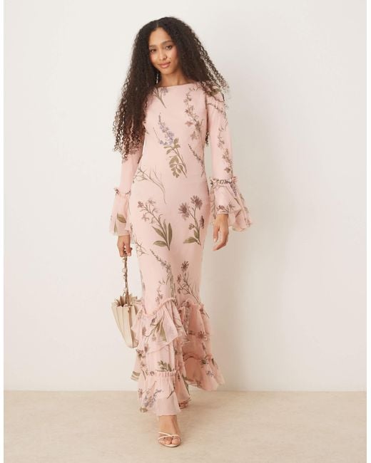 Robe longue à volants et manches longues en mousseline - imprimé fleurs ASOS en coloris Pink