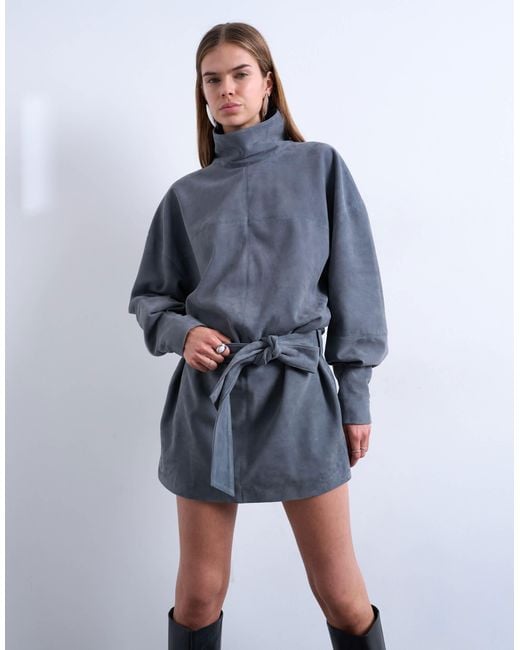 TOPSHOP Blue Real Suede Funnel Neck Cinch Waist Long Sleeve Mini Dress