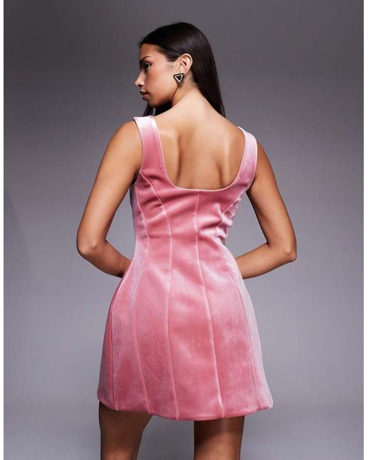 ASOS Pink Velvet Square Neck Seam Detail Mini Dress