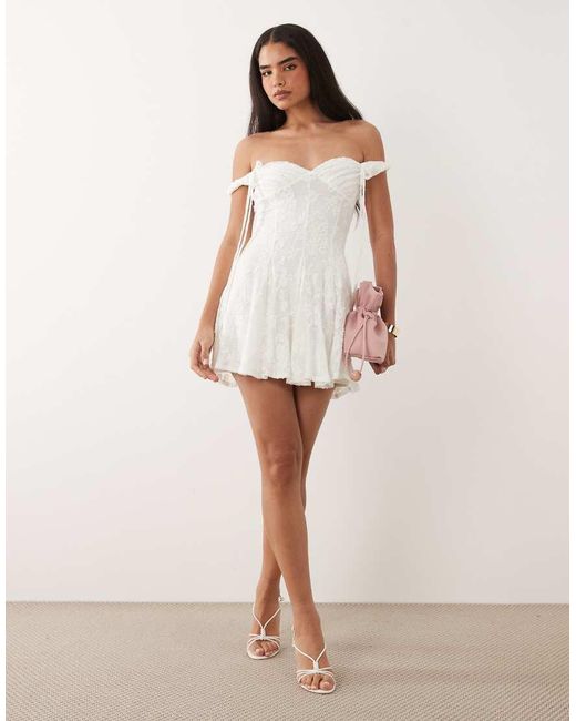 ASOS White Devore Bardot Twist Strap Mini Dress With Godets