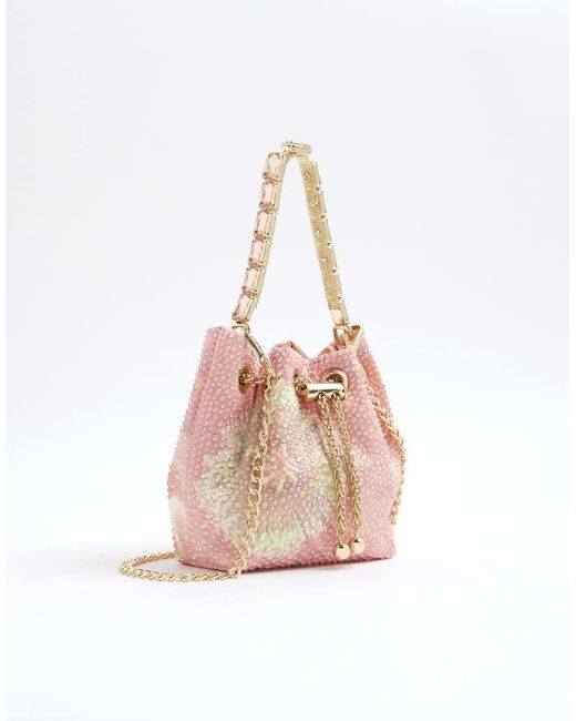 River Island Pink Floral Embellished Bucket Bag