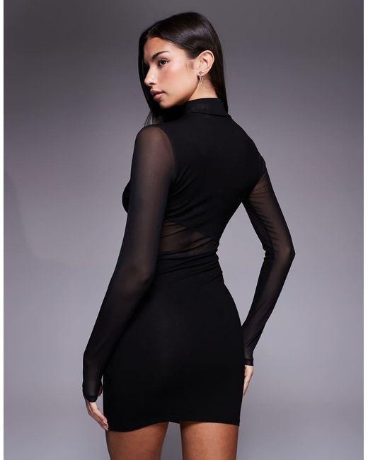 ASOS Black Mesh Draped Mini Dress With High Neck