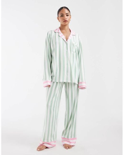 Loungeable Petite White Revere Button Up Shirt And Trouser Pyjama Set