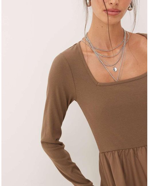 Threadbare Natural Long Sleeve Square Neck Midi Dress With Poplin Skirt