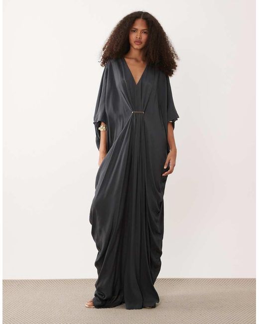 Mango Gray V-neck Draped Oversized Half Sleeve Maxi Dress