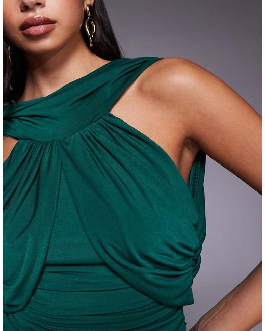 TFNC London Blue Slinky High Neck Ruched Detail Open Back Midi Dress