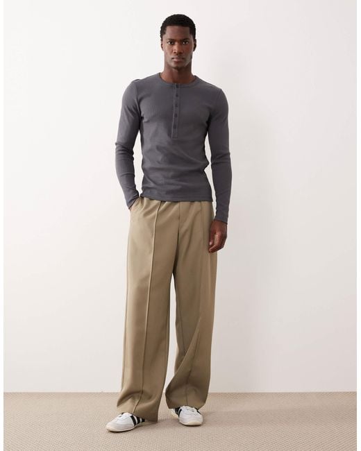 ASOS Gray Muscle Fit Long Sleeve Heavyweight T-shirt With Henley Neck for men