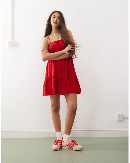 Miss Selfridge Red Seersucker Tie Smock Dress