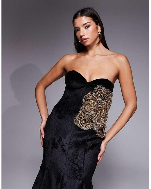 ASOS Blue Structured Velvet Godet Maxi Dress With Floral Embellishment