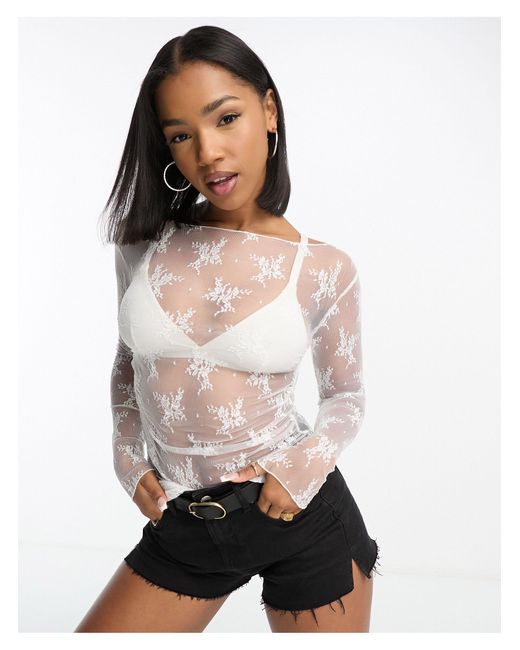 Miss Selfridge White Festival Sheer Lace Long Sleeve Ruched Top