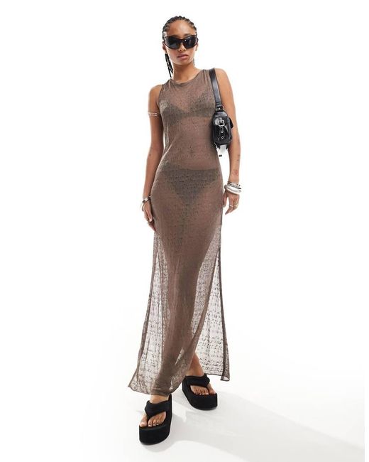Weekday Brown Sylvie Sheer Pointelle Maxi Dress