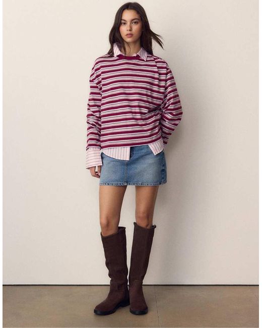 Stradivarius Red Oversize Long Sleeve Striped T-Shirt