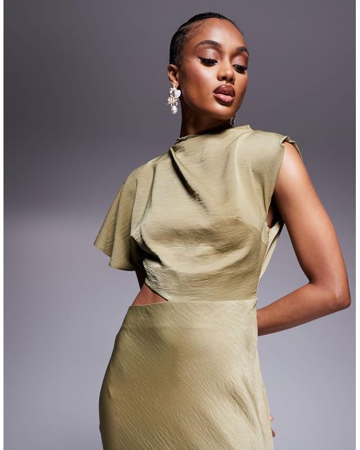 ASOS Green Satin Drape Asymmetric Cutout Midi Dress