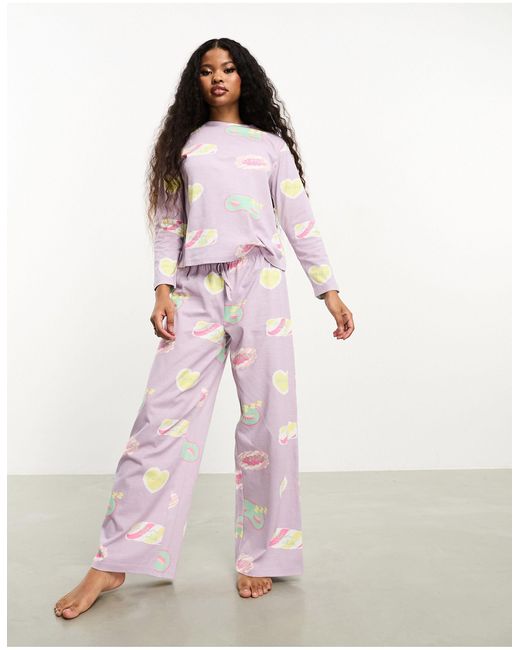 ASOS Pink Asos Design Petite Daydream Long Sleeve Top & Trouser Pyjama Set