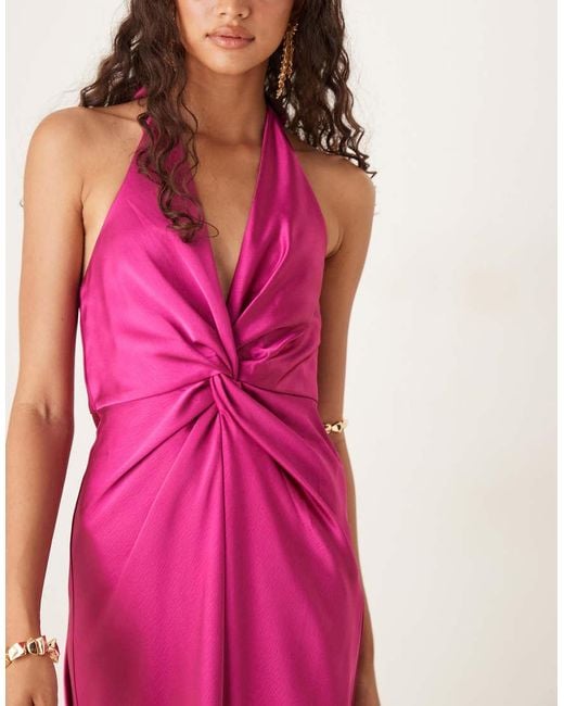 Six Stories Pink Twist Front Satin Maxi Dress