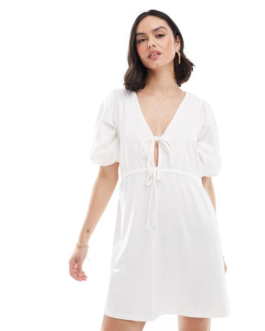 ASOS White Puff Sleeve With Tie Up Bodice Mini Dress