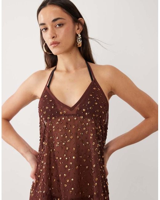 Miss Selfridge Brown Beach Chiffon Halterneck Mini Dress With Embellishment