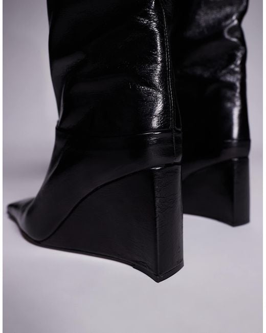 ASOS Black Clarissa Premium Leather Wedge Pull On Boots With Chisel Toes