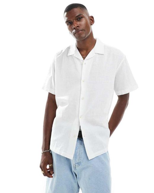 Jack & Jones White Revere Collar Linen Mix Shirt for men