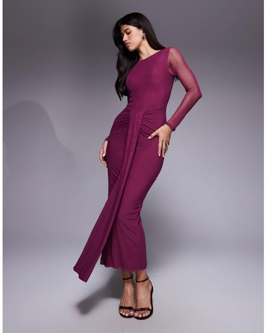 ASOS Women's Purple Mesh Long Sleeve Slash Neck Open Back Maxi Dress With  Sash