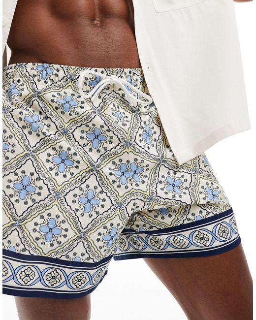 Abercrombie & Fitch White 5inch Pull On Tile Print Swim Shorts for men