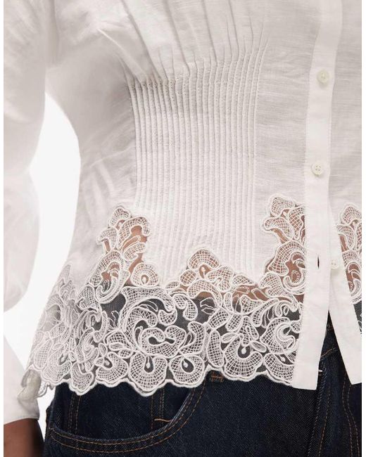 AllSaints White Carol Lace Trim Button Down Tailored Shirt