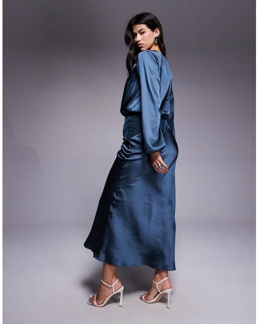 ASOS Blue Satin Slash Neck Velvet Panelled Maxi Dress