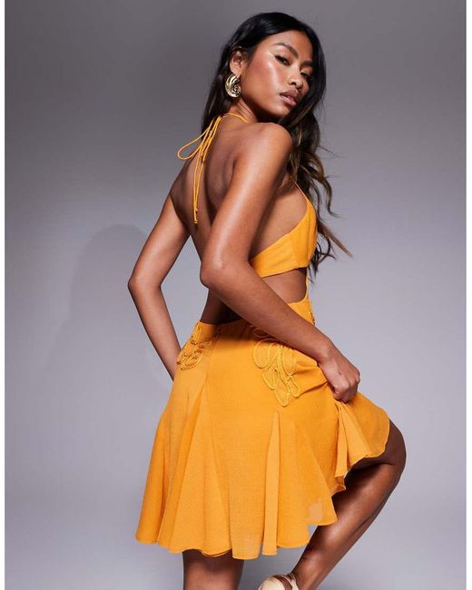 ASOS Orange Embroidered Halter Mini Dress With Godets